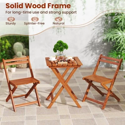 Tangkula 3 PCS Outdoor Wood Bistro Set W/ 2 Folding Chairs & Dining Table For Backyard 7 Tangkula 3 PCS Outdoor Wood Bistro Set W/ 2 Folding Chairs & Dining Table For Backyard - Image 5