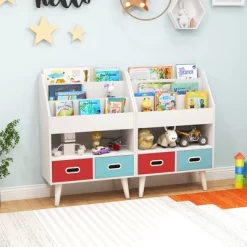 Tangkula Kids Bookshelf W/3-Tier Bookshelves Open Compartment & 2 Foldable Fabric Drawers
