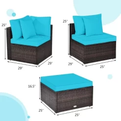 Tangkula 4-Piece Outdoor Rattan Sofa Set Sectional Conversation Couch Ottoman Turquoise/Red