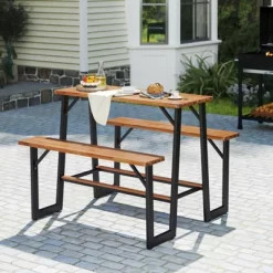 Tangkula Acacia Wood Picnic Table 4-Person Outdoor Table And Bench Set With 2 Built-in Benches Footrests Umbrella Hole Heavy-Duty Metal Frame 14 Tangkula Acacia Wood Picnic Table 4-Person Outdoor Table And Bench Set With 2 Built-in Benches Footrests Umbrella Hole Heavy-Duty Metal Frame -Tangkula GUEST 012ca9dd 3def 4be6 ad48 0455028a0573