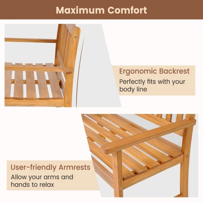 Tangkula 2-Person Outdoor Bench Patio Wooden Bench With Ergonomic Backrest & Armrests All-weather Acacia Wood Frame 43"x 22" 8 Tangkula 2-Person Outdoor Bench Patio Wooden Bench With Ergonomic Backrest & Armrests All-weather Acacia Wood Frame 43"x 22" - Image 6