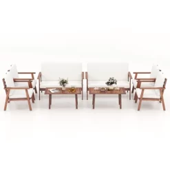 Tangkula 8PCS Conversation Set Acacia Wood Sofa Coffee Table W/ Cushioned Seat Patio