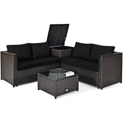 Tangkula Set Of 4 Patio Rattan Furniture Set Cushioned Loveseat Storage Table Outdoor Black 4 Tangkula Set Of 4 Patio Rattan Furniture Set Cushioned Loveseat Storage Table Outdoor Black - Image 2