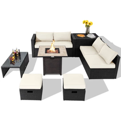 Tangkula 9 Pieces Outdoor PE Rattan Wicker Sectional Sofa With 42" Gas Fire Pit Table Space-Saving Patio Conversation Set With Storage Box Black/Grey/Navy/Red/Turquoise/Off White 15 Tangkula 9 Pieces Outdoor PE Rattan Wicker Sectional Sofa With 42" Gas Fire Pit Table Space-Saving Patio Conversation Set With Storage Box Black/Grey/Navy/Red/Turquoise/Off White - Image 13