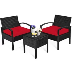 Tangkula 3 Pieces Patio Set Outdoor Wicker Rattan Furniture W/ Cushions Red -Tangkula GUEST 0240935d 9fb8 44c9 9a05 0a8c86e3b099