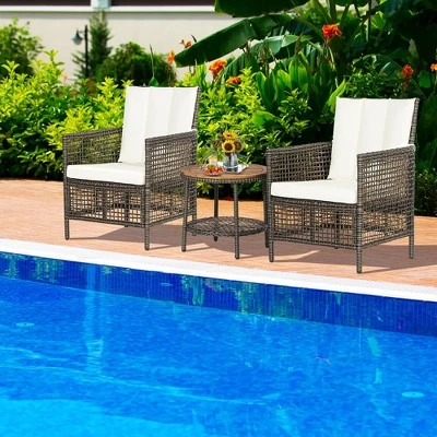 Tangkula 3PCS Patio Wicker Bistro Set Furniture Set PE Rattan Table Set W/ Off White Cushions 5 Tangkula 3PCS Patio Wicker Bistro Set Furniture Set PE Rattan Table Set W/ Off White Cushions - Image 3