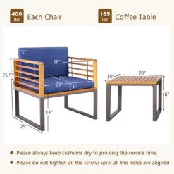 Tangkula 3PCS Acacia Wood Patio Bistro Set Outdoor Conversation Furniture Set W/ Navy Cushions -Tangkula GUEST 0288ca8e 6255 4988 870e b4deacafb70f