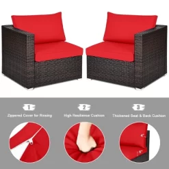 Tangkula 4PCS Rattan Corner Sofa Set Patio Outdoor Furniture Set W/ Red Cushions -Tangkula GUEST 02a49395 d624 45ad a57e 47f72432aa62