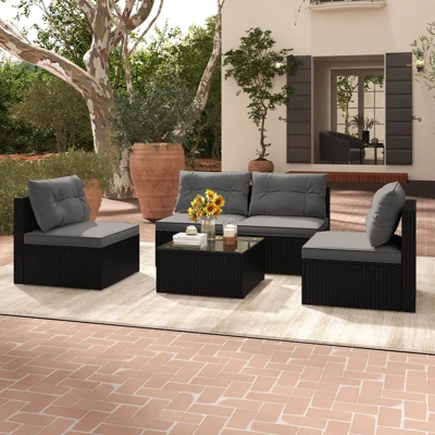 Tangkula Set Of 5 Rattan Sofa Set Outdoor Wicker Furniture Set W/Seat & Back Cushions Square Coffee Table Patio Sectional Sofa Set Gray 4 Tangkula Set Of 5 Rattan Sofa Set Outdoor Wicker Furniture Set W/Seat & Back Cushions Square Coffee Table Patio Sectional Sofa Set Gray - Image 2