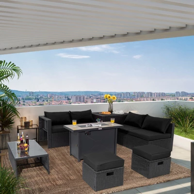 Tangkula 9 PCS Outdoor PE Rattan Wicker Sectional Sofa With 42" 60,000 BTU Gas Fire Pit Table Space-Saving Conversation Set With Storage Box Black 4 Tangkula 9 PCS Outdoor PE Rattan Wicker Sectional Sofa With 42" 60,000 BTU Gas Fire Pit Table Space-Saving Conversation Set With Storage Box Black - Image 2
