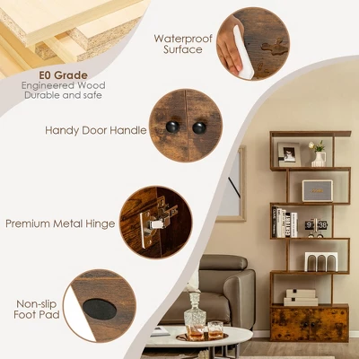 Tangkula 2 PCS Bookshelf W/ Cabinet 6-Tier S-Shaped Bookcase Storage Rack Rustic Brown 7 Tangkula 2 PCS Bookshelf W/ Cabinet 6-Tier S-Shaped Bookcase Storage Rack Rustic Brown - Image 5