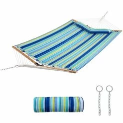Tangkula Portable Hammock W/ Spreader Bars & Detachable Pillow Quick Dry & Water Proof Material Woven Cotton Rope Blue + Green/Light Blue + Yellow 21 Tangkula Portable Hammock W/ Spreader Bars & Detachable Pillow Quick Dry & Water Proof Material Woven Cotton Rope Blue + Green/Light Blue + Yellow -Tangkula GUEST 040800b2 436e 4aa9 be68 cdf70ae5a105
