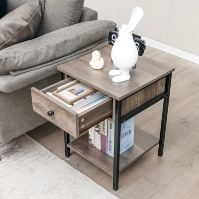 Tangkula Industrial End Side Table Nightstand With Drawer Shelf Rustic Grey Oak 3 Tangkula Industrial End Side Table Nightstand With Drawer Shelf Rustic Grey Oak