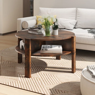 Tangkula Round Coffee Table With 4 Side Compartments 2-Tier Circle Coffee Table 3 Tangkula Round Coffee Table With 4 Side Compartments 2-Tier Circle Coffee Table