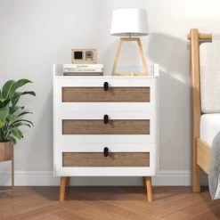 Tangkula Modern Nightstand End Bedside Table W/ 3 Rattan Drawers & Solid Wood Legs White -Tangkula GUEST 04d4a519 1131 4c21 9914 980182a5dac5