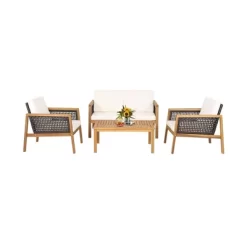 Tangkula 4PCS Patio Acacia Wood Furniture Set PE Rattan Conversation Set W/ Off White Cushions -Tangkula GUEST 04eec6c2 9825 4fc1 ab98 511b73343b05