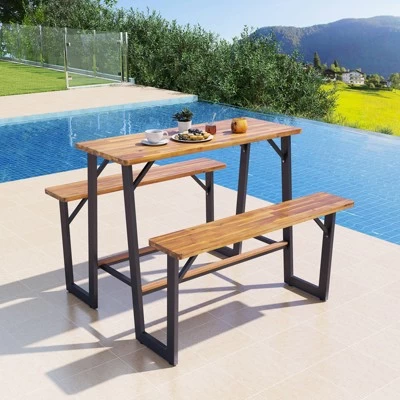 Tangkula Acacia Wood Picnic Table 4-Person Outdoor Table And Bench Set With 2 Built-in Benches Footrests Umbrella Hole Heavy-Duty Metal Frame 3 Tangkula Acacia Wood Picnic Table 4-Person Outdoor Table And Bench Set With 2 Built-in Benches Footrests Umbrella Hole Heavy-Duty Metal Frame