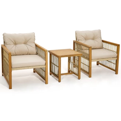 Tangkula 3PCS Patio Acacia Wood PE Wicker Furniture Set W/ Soft Seat & Back Cushions 11 Tangkula 3PCS Patio Acacia Wood PE Wicker Furniture Set W/ Soft Seat & Back Cushions - Image 9