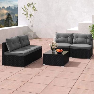 Tangkula Set Of 5 Rattan Sofa Set Outdoor Wicker Furniture Set W/Seat & Back Cushions Square Coffee Table Patio Sectional Sofa Set Gray 5 Tangkula Set Of 5 Rattan Sofa Set Outdoor Wicker Furniture Set W/Seat & Back Cushions Square Coffee Table Patio Sectional Sofa Set Gray - Image 3