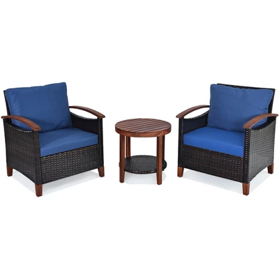 Tangkula 3-Piece Patio Rattan Bistro Set Acacia Wood Frame Sofa And Side Table 5 Tangkula 3-Piece Patio Rattan Bistro Set Acacia Wood Frame Sofa And Side Table - Image 3