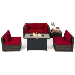 Tangkula 6 Pieces Outdoor PE Rattan Wicker Sectional Sofa With 42" 60,000 BTU Gas Fire Pit Table, Patio Conversation Set With Tempered Glass Coffee Table Black/Navy Blue/Red/Turquoise/Off White -Tangkula GUEST 05e6347f ecb7 424c b76b 54f20d867a00