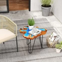 Tangkula 21" Teak Wood End Table Outdoor Epoxy Resin Side Table W/ Irregular Tabletop -Tangkula GUEST 0601beae f3c2 42e3 8ca8 5142cc6f545c
