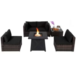 Tangkula 6-Piece Patio Furniture Set W/ 30" Propane Fire Pit Table Outdoor PE Wicker Conversation Set W/ Cushions &Tempered Glass Coffee Table -Tangkula GUEST 0614ba2d e3a8 44d8 87ee a4d8df0c35f9