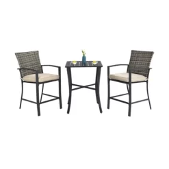 Tangkula 3-Piece Patio Rattan Furniture Set Outdoor Bistro Set Cushioned Chairs & Table Set Gray/Brown -Tangkula GUEST 06cf087e 14d7 41c7 807d 431e6bee35a7