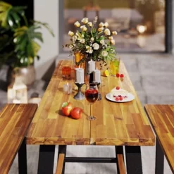 Tangkula Acacia Wood Picnic Table 4-Person Outdoor Table And Bench Set With 2 Built-in Benches Footrests Umbrella Hole Heavy-Duty Metal Frame 15 Tangkula Acacia Wood Picnic Table 4-Person Outdoor Table And Bench Set With 2 Built-in Benches Footrests Umbrella Hole Heavy-Duty Metal Frame -Tangkula GUEST 06de2862 eaea 442e bb2d cb5e4e8d7223