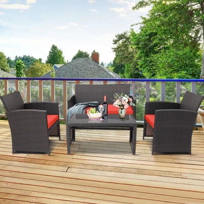 Tangkula 8PCS Outdoor Patio Furniture Sets Weather-Resistant Rattan Sofas W/ Soft Cushion Red 5 Tangkula 8PCS Outdoor Patio Furniture Sets Weather-Resistant Rattan Sofas W/ Soft Cushion Red - Image 3