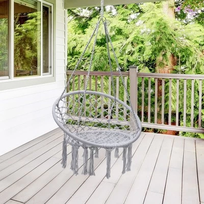 Tangkula Hammock Chair Hanging Cotton Rope Macrame Swing Chair W/ Stand Gray 5 Tangkula Hammock Chair Hanging Cotton Rope Macrame Swing Chair W/ Stand Gray - Image 3