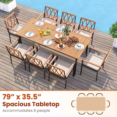 Tangkula 8-Person Outdoor Dining Table 79 Inch Acacia Wood Patio Table With Umbrella Hole Metal Legs & Adjustable Foot Pads 9 Tangkula 8-Person Outdoor Dining Table 79 Inch Acacia Wood Patio Table With Umbrella Hole Metal Legs & Adjustable Foot Pads - Image 7