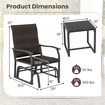 Tangkula 3 PCS Patio Gliding Set Wicker Swing Glider Furniture Set W/ Tempered Glass Coffee Table 5 Tangkula 3 PCS Patio Gliding Set Wicker Swing Glider Furniture Set W/ Tempered Glass Coffee Table - Image 3