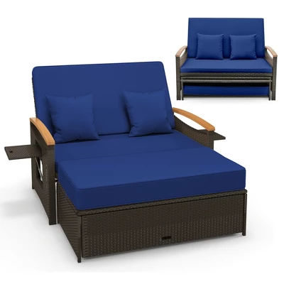 Tangkula Outdoor Wicker Daybed Patio Loveseat & Storage Ottoman Set W/ Navy Cushions 12 Tangkula Outdoor Wicker Daybed Patio Loveseat & Storage Ottoman Set W/ Navy Cushions - Image 10
