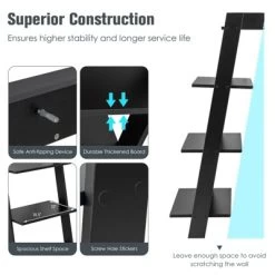Tangkula 4-Tier Ladder Shelf 43” Tall Wooden Leaning Bookshelf Display Rack Modern Shelving Stand With Anti-tipping Device Black -Tangkula GUEST 085a358a ae68 4f5e a5f0 8dd1203ff357