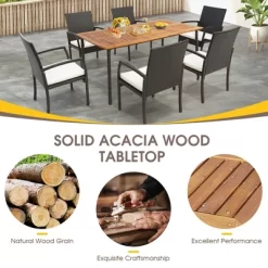 Tangkula Rectangular Acacia Wood Dining Table W/ 1.9" Umbrella Hole Patio Natural & Black
