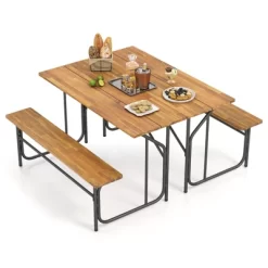 Tangkula 2PCS Table Bench Set For 2 Picnic Table & Loveseat W/Acacia Wood Top Metal Legs -Tangkula GUEST 0aaaea5f 9e80 4218 b7ee c0303fcd5fb9
