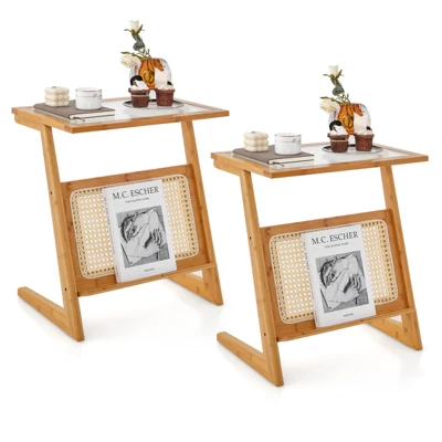 Tangkula 1pc/2pcs Z-shaped Side Table W/ Rattan Shelf Glass Top End Table W/ Magazine Rack Space-saving Sofa Side Bedside Table 12 Tangkula 1pc/2pcs Z-shaped Side Table W/ Rattan Shelf Glass Top End Table W/ Magazine Rack Space-saving Sofa Side Bedside Table - Image 10
