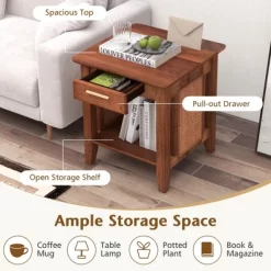 Tangkula 2PCS Boho Style Nightstand 3-Tier Sofa Side End Table W/ Drawer & Shelf Walnut -Tangkula GUEST 0abf3700 f776 4941 987d 0198260e973a
