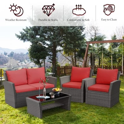 Tangkula 4-Piece Rattan Wicker Patio Outdoor Furniture Sofa Set With Cushions & Tempered Glass Table 9 Tangkula 4-Piece Rattan Wicker Patio Outdoor Furniture Sofa Set With Cushions & Tempered Glass Table - Image 7