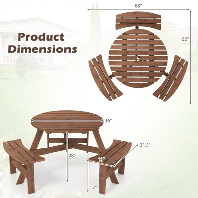 Tangkula 6-Person Round Picnic Table Set W/ 3 Built-in Benches 2" Umbrella Hole 10 Tangkula 6-Person Round Picnic Table Set W/ 3 Built-in Benches 2" Umbrella Hole - Image 8