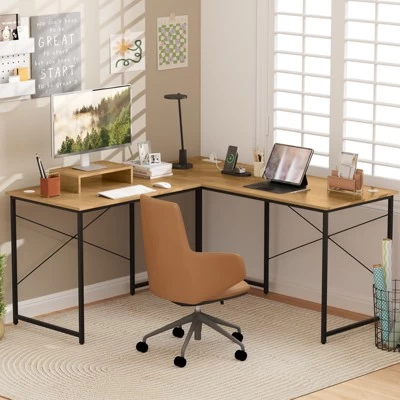 Tangkula L-Shaped Computer Desk With Power Outlets 95” Long 2-Person Desk With Monitor Shelf Modern Corner Desk Gaming Table With USB Ports Natural 2 Tangkula L-Shaped Computer Desk With Power Outlets 95” Long 2-Person Desk With Monitor Shelf Modern Corner Desk Gaming Table With USB Ports Natural