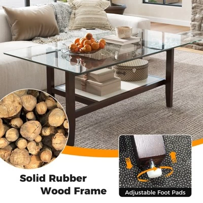 Tangkula 2-Tier Glass Coffee Table W/ Storage Shelf Solid Rubber Wood Legs For Office 8 Tangkula 2-Tier Glass Coffee Table W/ Storage Shelf Solid Rubber Wood Legs For Office - Image 6