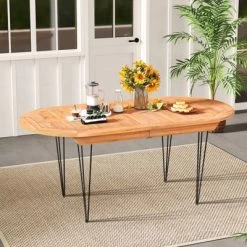 Tangkula 71" Patio Dining Table 6 Person Large Oval Table W/ Teak Wood Tabletop