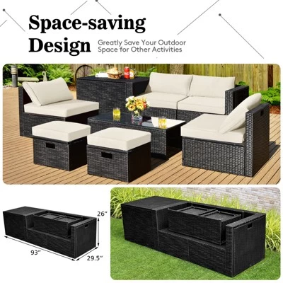 Tangkula 8PCS Patio Conversation Set Sectional Sofa Set, All-Weather PE Rattan, Tempered Glass Table & Washable Cushion Covers 6 Tangkula 8PCS Patio Conversation Set Sectional Sofa Set, All-Weather PE Rattan, Tempered Glass Table & Washable Cushion Covers - Image 4
