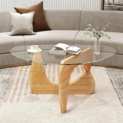 Tangkula Triangle Coffee Table W/ Tempered Glass Top & Adjustable Rubber Wood Base