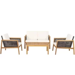 Tangkula 4-Piece Patio Acacia Wood Furniture Set Outdoor PE Rattan Conversation Set With Removable Cushions -Tangkula GUEST 0bc16d47 9b64 4acd a029 3268cc9bfacc
