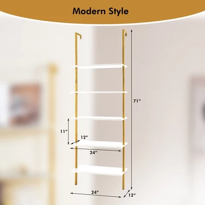 Tangkula 5 Tier Ladder Shelf 71" Open Wall-Mounted Bookcase With Golden Steel Frame 10 Tangkula 5 Tier Ladder Shelf 71" Open Wall-Mounted Bookcase With Golden Steel Frame - Image 8
