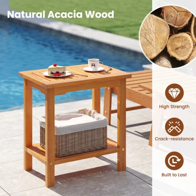 Tangkula Outdoor Acacia Wood Side Table 2-Tier Patio End Table W/ Slatted Tabletop 6 Tangkula Outdoor Acacia Wood Side Table 2-Tier Patio End Table W/ Slatted Tabletop - Image 4