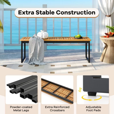 Tangkula Patio Dining Bench Set Of 2, 2-3-person Backless Bench With Slatted Seat & Metal Legs Outdoor Bench For Entryway Garden Poolside Natural 9 Tangkula Patio Dining Bench Set Of 2, 2-3-person Backless Bench With Slatted Seat & Metal Legs Outdoor Bench For Entryway Garden Poolside Natural - Image 7